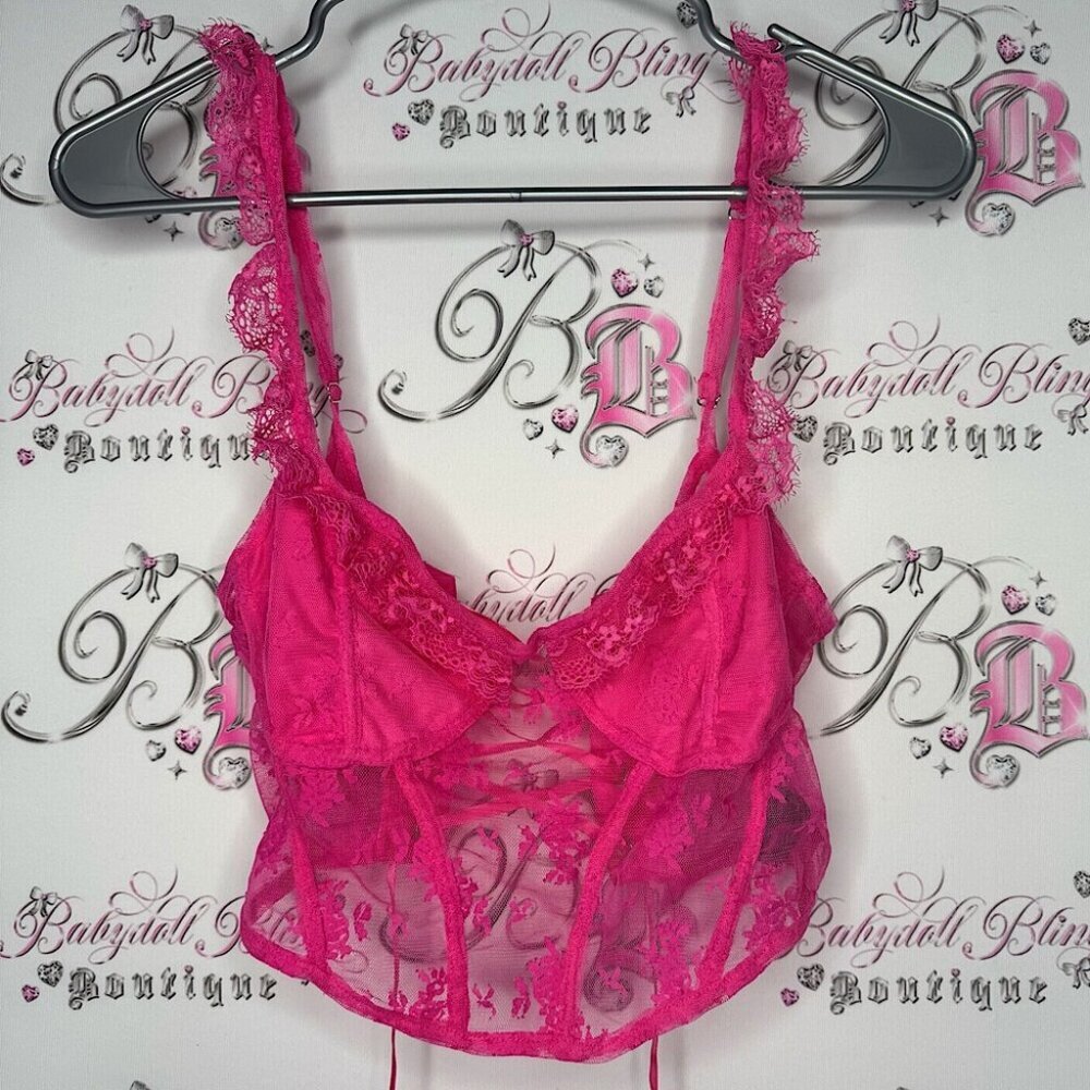 Cider tank top crop bustier corset lace up Lacie pink sexy ruffle straps floral